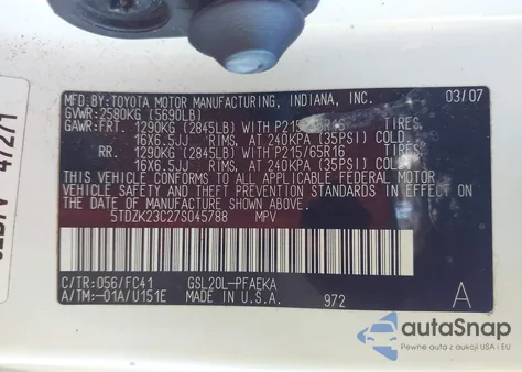 2007 Toyota Sienna Le из США, поврежденный, VIN 5TDZK23C27S045788